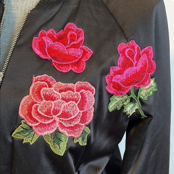 Floral Embroidered Satiny Bomber Jacket, Size M - Picture 2 of 13